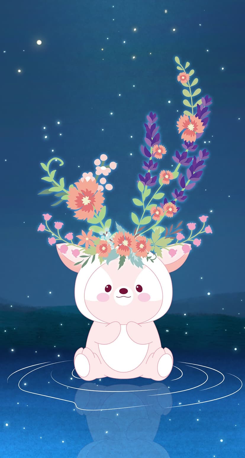 Fawn with a colorful flower crown sits in a dark pond under a starry night sky with soft water reflections.