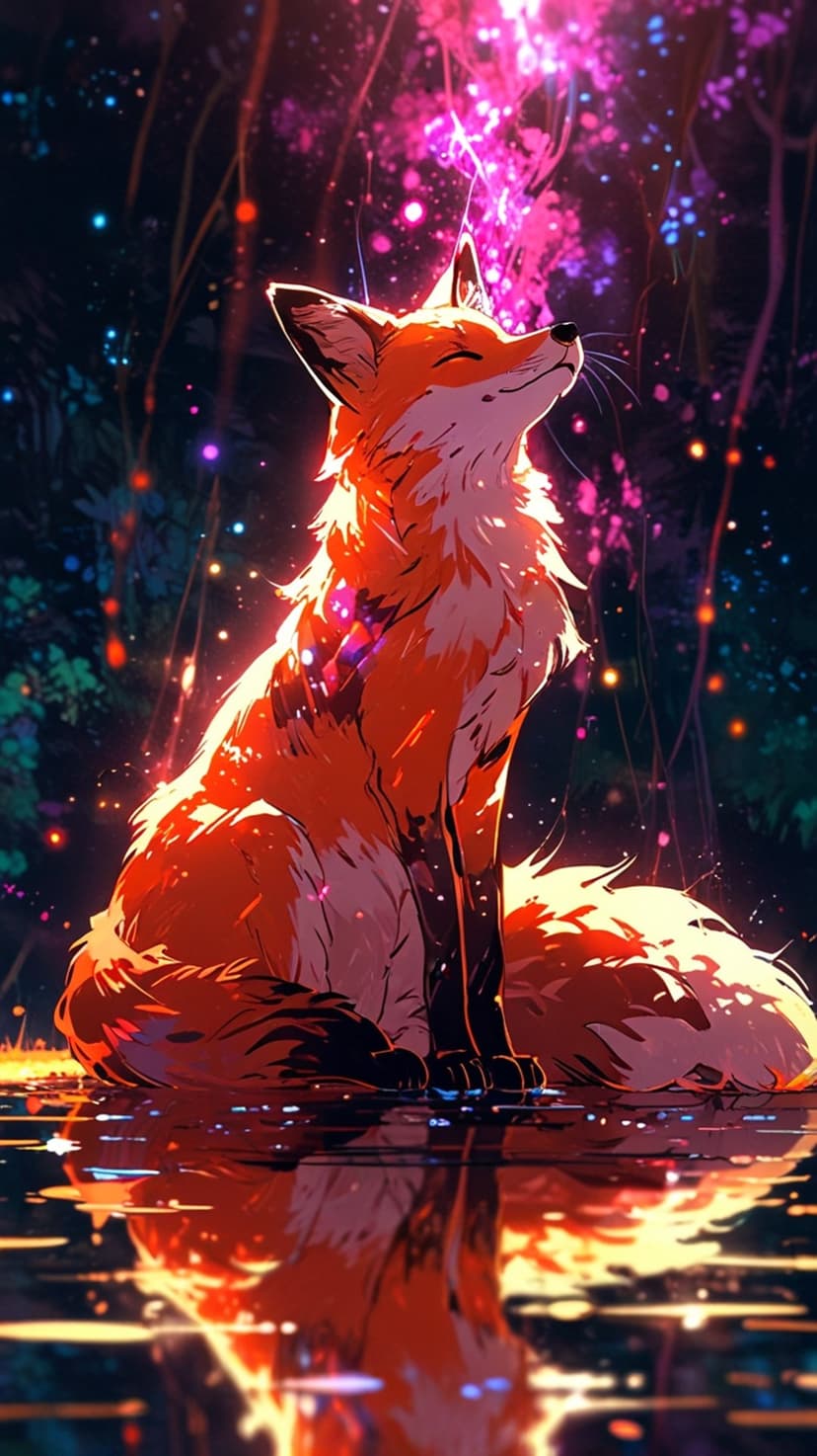 Orange fox sitting by a still pond reflecting bioluminescent forest flowers and glowing embers in the night.