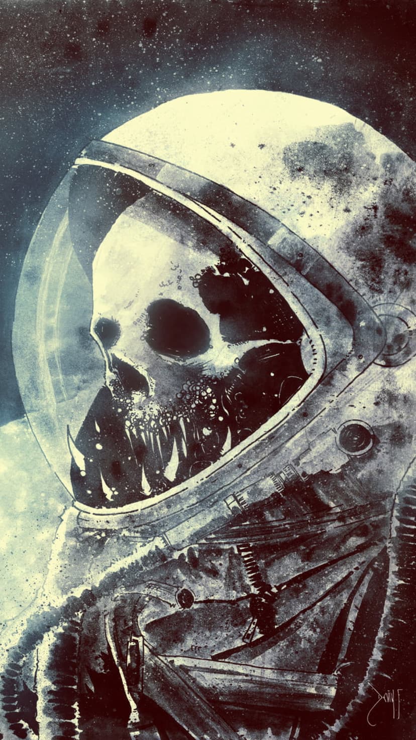 Decaying human skull with sharp teeth wearing a cracked astronaut helmet against a starry nebula background.
