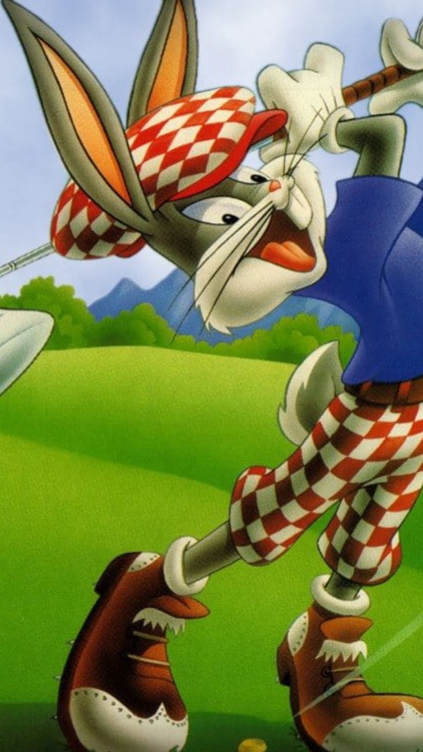 Bugs Bunny swings a golf club while wearing a red checkered cap and pants on a green golf course landscape.