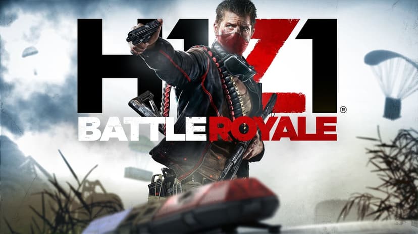 Tactical survivor in a red mask points a handgun against a misty sky with parachutes and the H1Z1 logo.