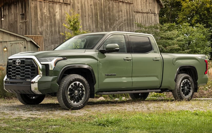 Green Toyota Tundra truck parked on gravel in front of a rustic wooden barn during golden hour lighting.