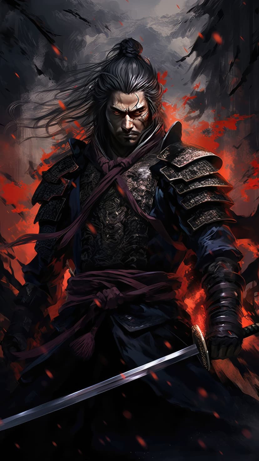 Samurai warrior with glowing red eyes and facial scars holding a katana against a background of fire and smoke.