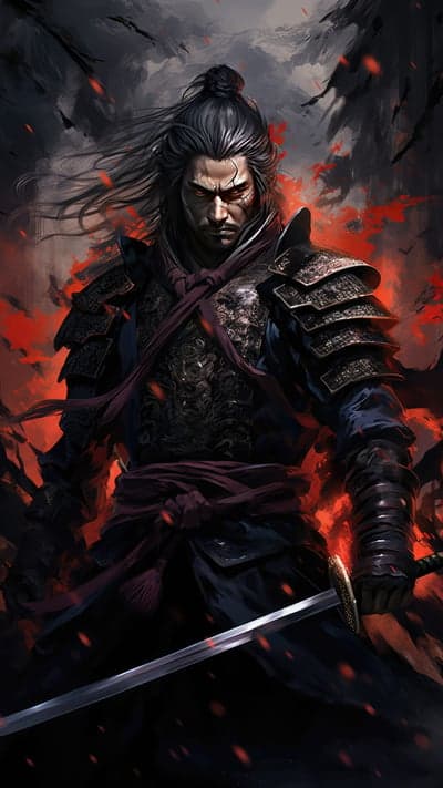 Fierce Samurai Warrior with Fiery Background