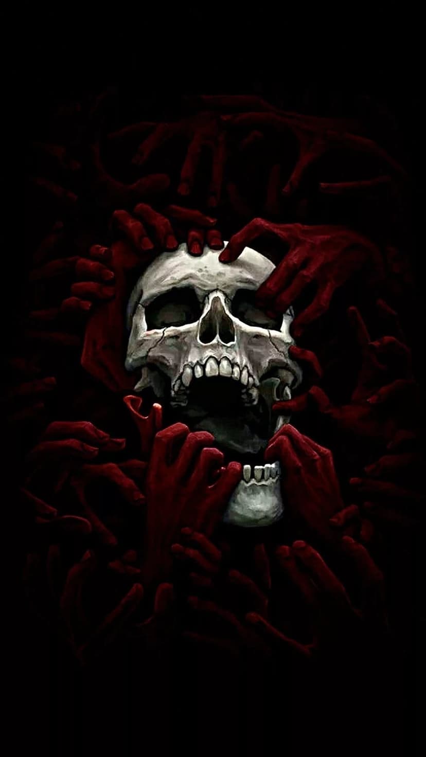 Cracked white skull with an open mouth is gripped by multiple translucent red hands against a black backdrop.