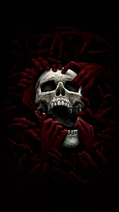 Haunting Skull Surrounded by Grasping Red Hands