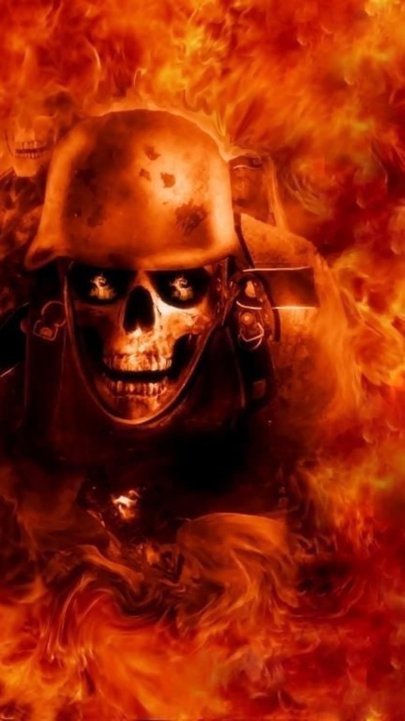 Skeletal face in a metal helmet glows with orange fire as embers and smoke swirl in a dark infernal background.