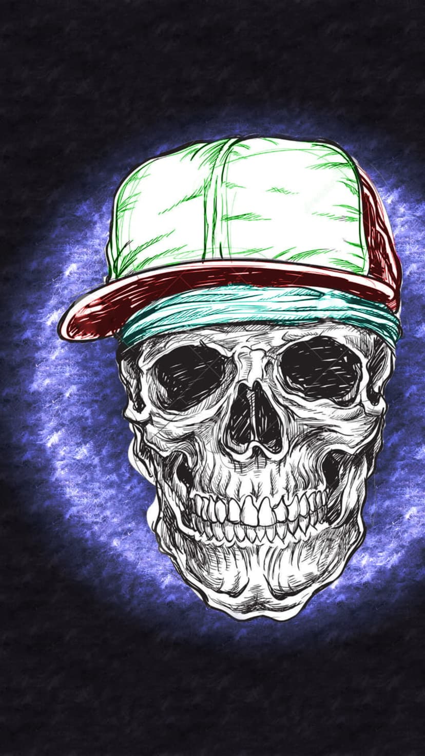 Human skull wearing a green and maroon baseball cap surrounded by swirling blue smoke and dark vapor.