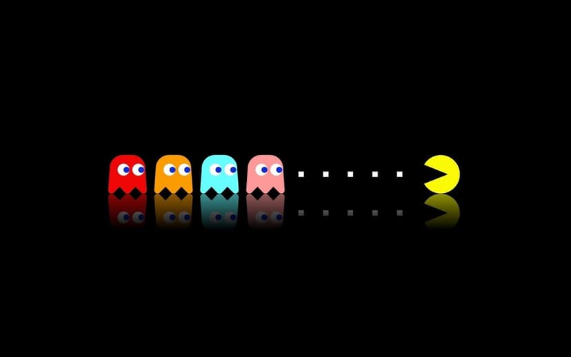 Pac-Man and four colorful ghosts with reflections on a solid black background in a minimalist gaming style.
