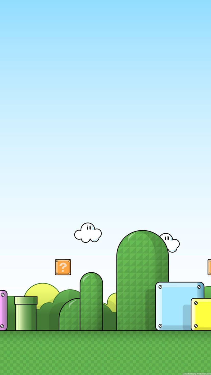 Cartoon clouds with eyes over green hills, a green pipe, and a question mark block against a blue sky.