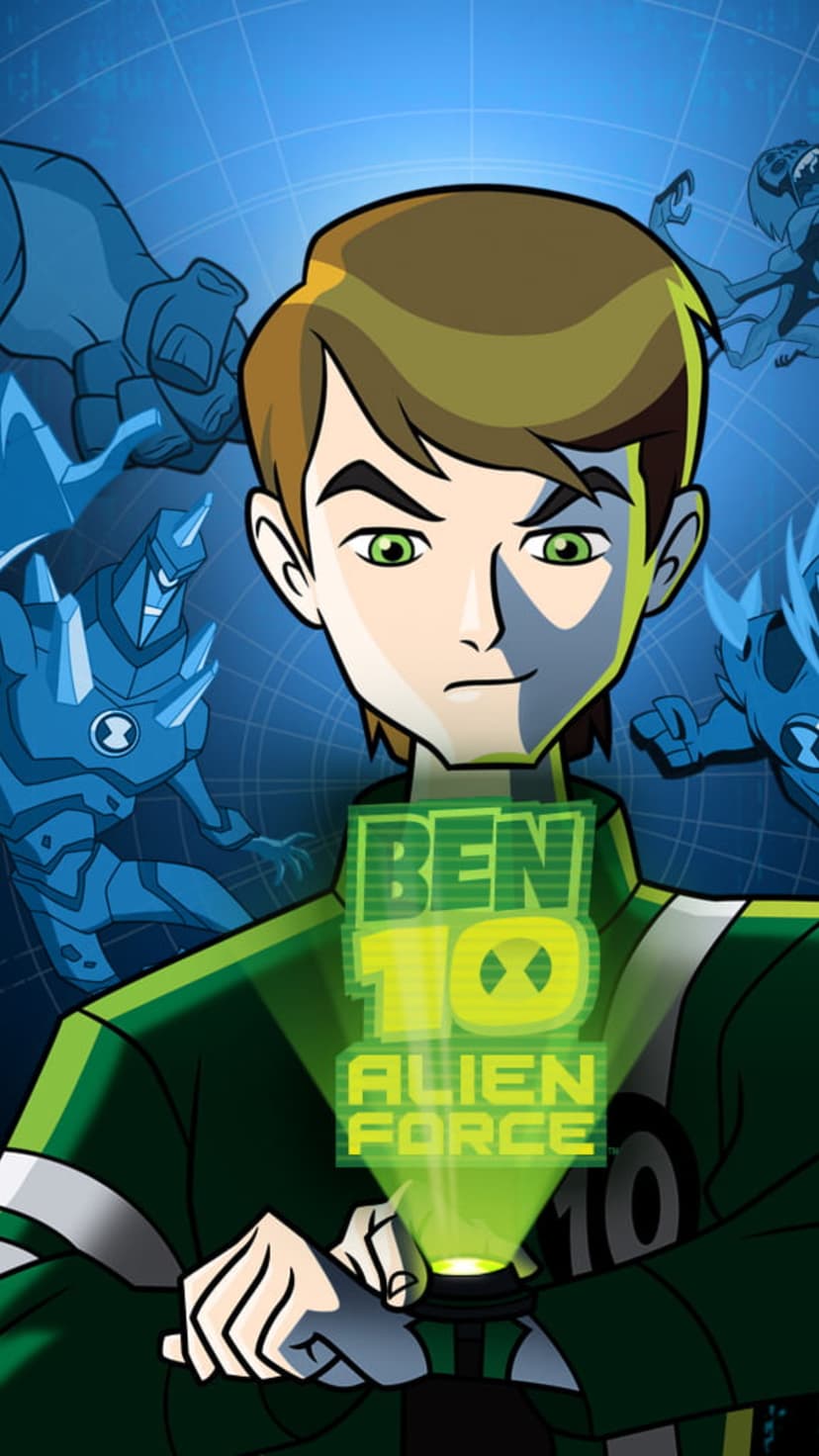 Ben Tennyson wearing a green jacket with the Omnitrix on his wrist against a green grid and alien silhouettes.