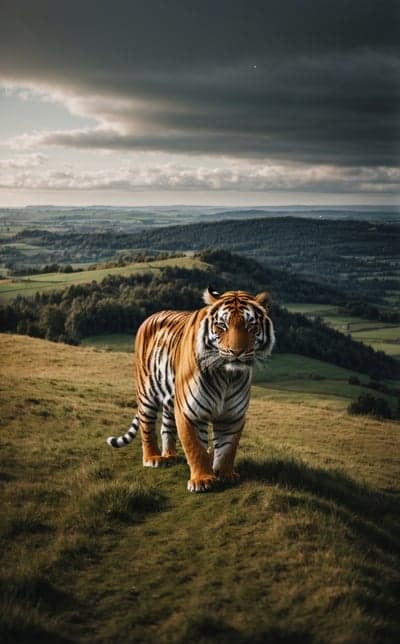 Majestic Tiger on Rolling Hills Under Dramatic Sky
