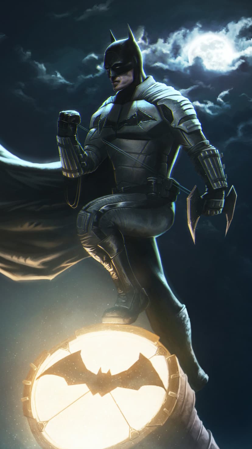 Batman perched on an illuminated Bat-Signal under a bright full moon and dramatic dark evening clouds.