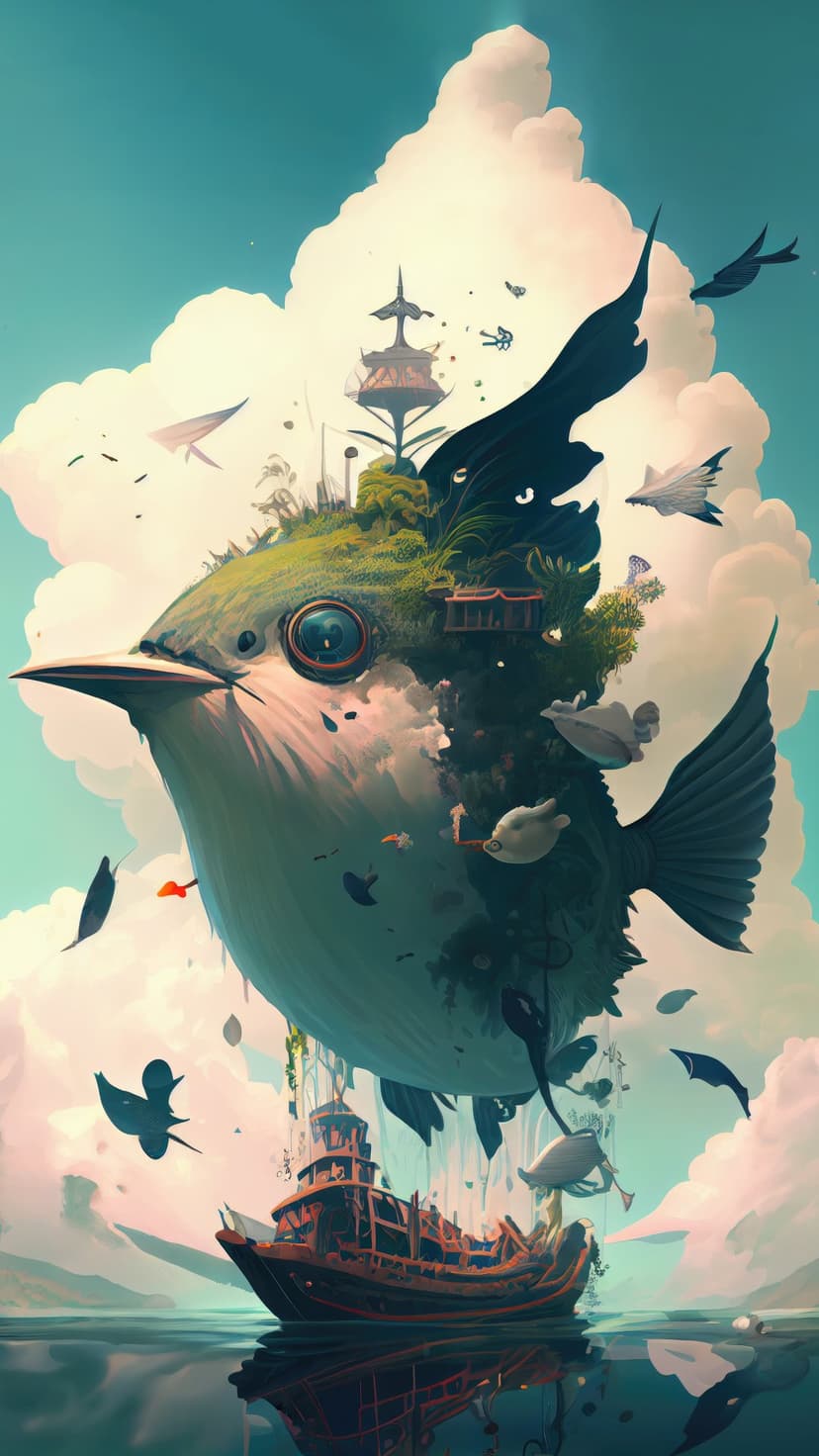 Massive bird-fish hybrid carrying a lush island with buildings floats over a wooden ship in a cloudy sky.