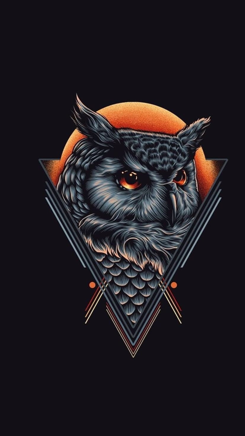 Symmetrical owl face with orange eyes framed by a geometric triangle and orange moon on a black background.