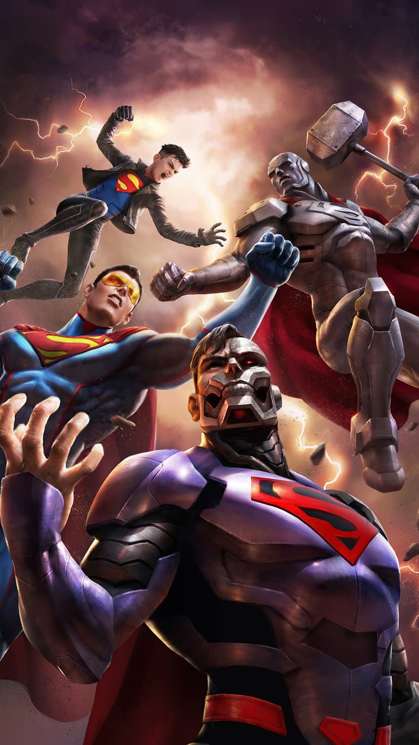 Superman and Superboy fly through a stormy sky to fight General Zod and Metallo during a fierce lightning storm.