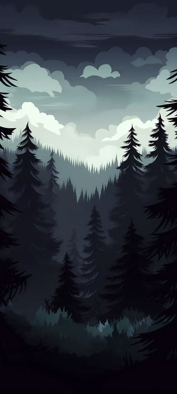 Dark Pine Forest with Moody Clouds at Dusk