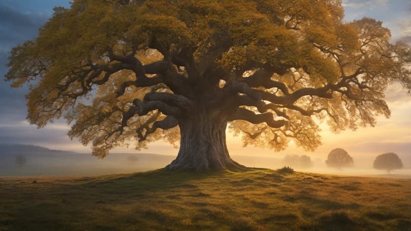 Ancient oak tree with sprawling branches silhouetted against a golden sunrise in a foggy morning field.
