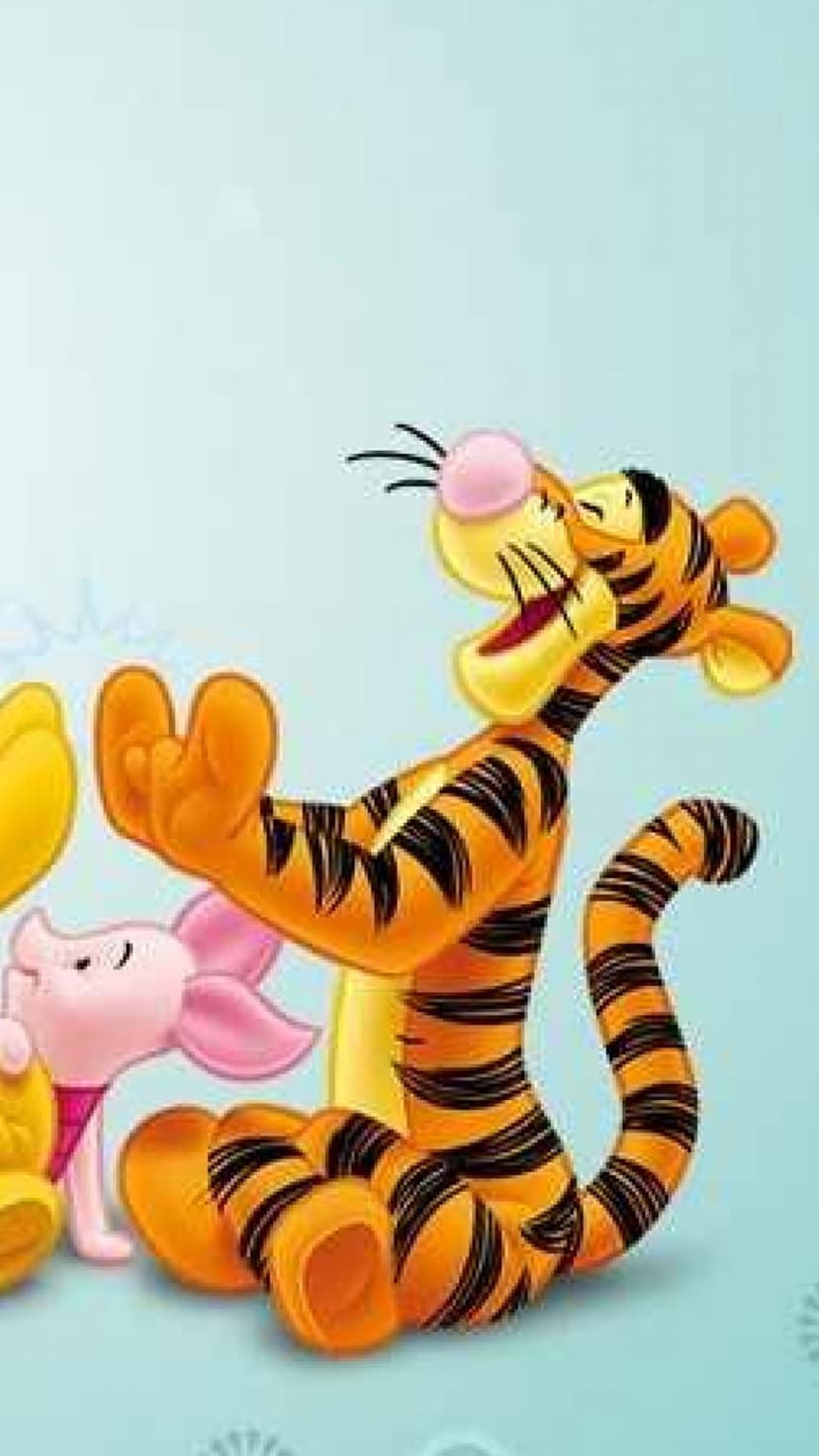 Tigger smiles widely beside a small pink Piglet against a soft light blue background in a vertical composition.