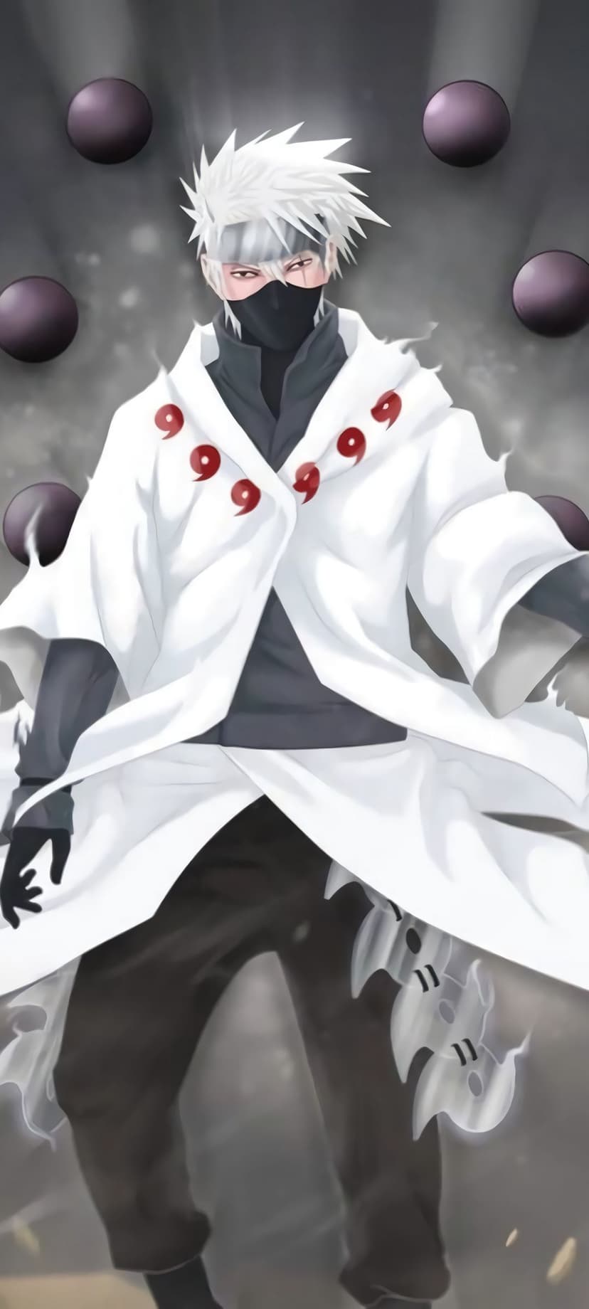 Kakashi Hatake in a white cloak with red Tomoe symbols and silver hair staring forward with a red Sharingan eye.