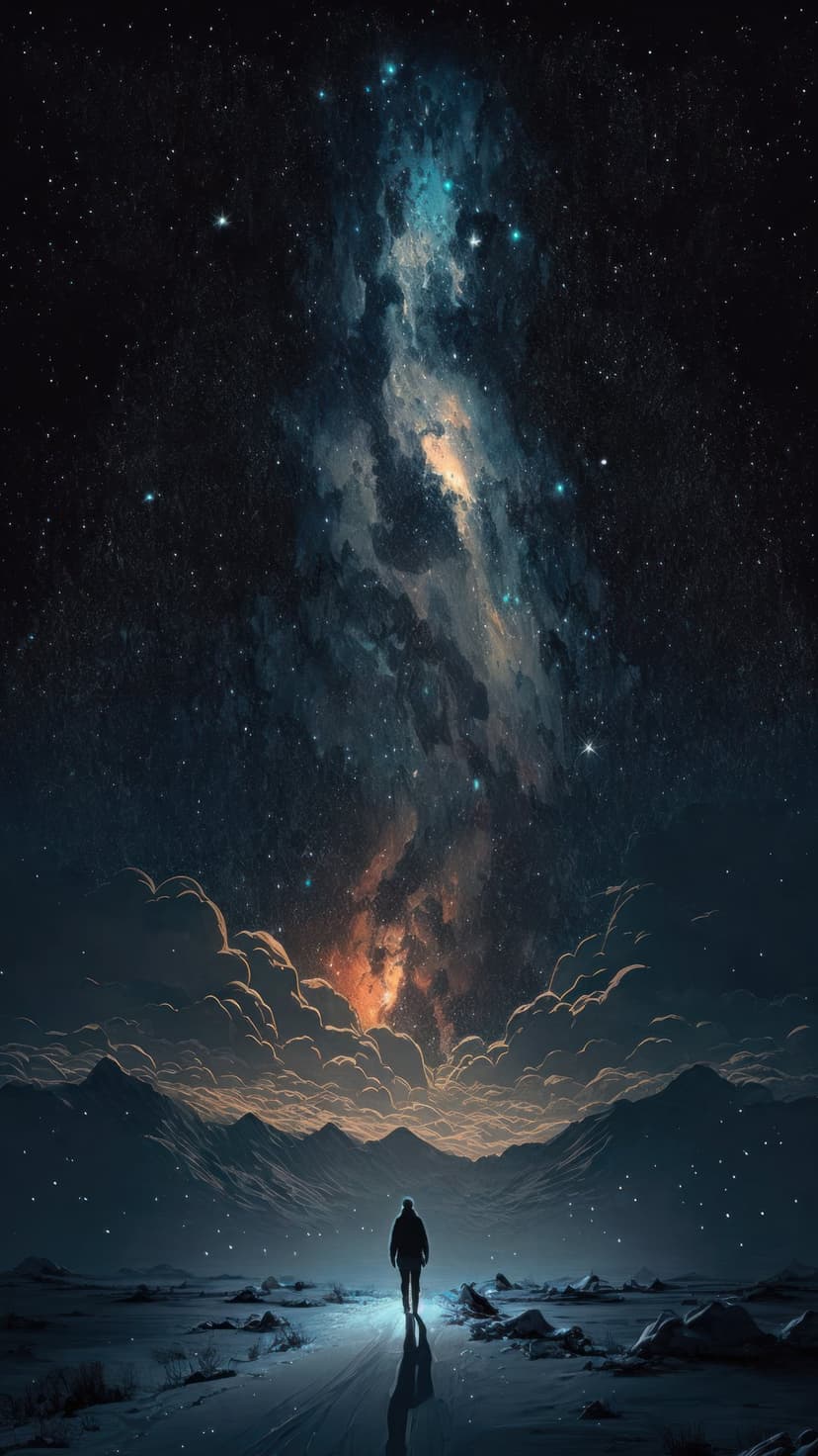 Person in silhouette stands on a glowing path facing a purple nebula above snowy mountains under a starry sky.