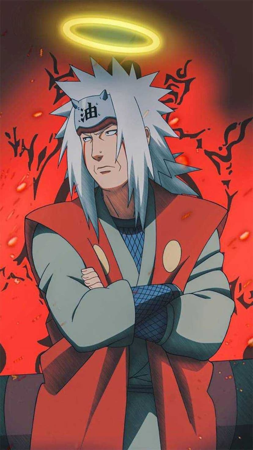 Jiraiya with long white hair and a golden halo stands before a red background with black mystical symbols.