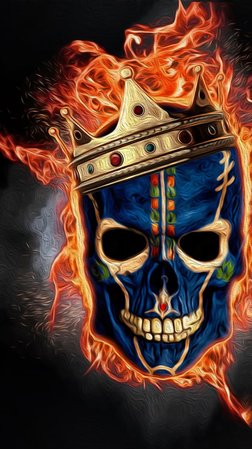 Blue glowing skull wearing a detailed golden crown surrounded by flickering cerulean flames and deep dark shadows.