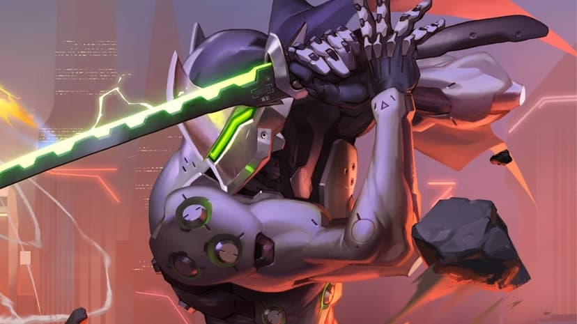 Cyborg ninja in silver armor holding a glowing neon green katana against a warm pink and orange futuristic city.