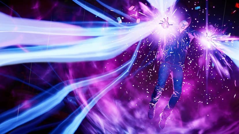 Man suspended in air emitting purple and blue light beams from his hands with shimmering particles.