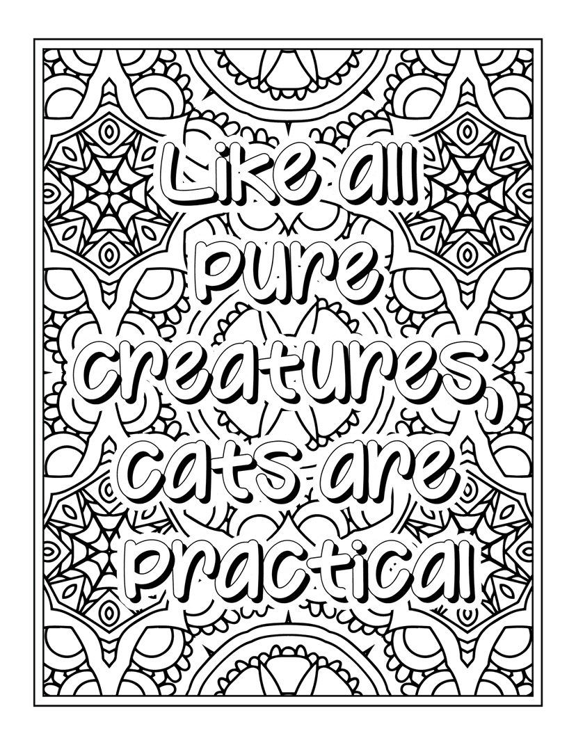 Cat wisdom quote in white hand-lettered typography against a black zentangle mandala background in line art style.