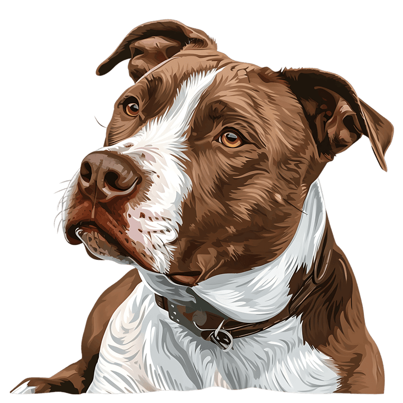 Pitbull dog illustration shows a brown and white canine head with amber eyes and a brown leather collar.