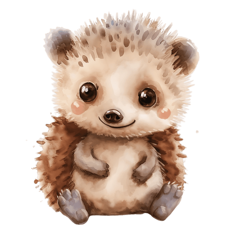 Baby hedgehog watercolor illustration sits facing forward showing soft brown spines and pink cheeks on white.