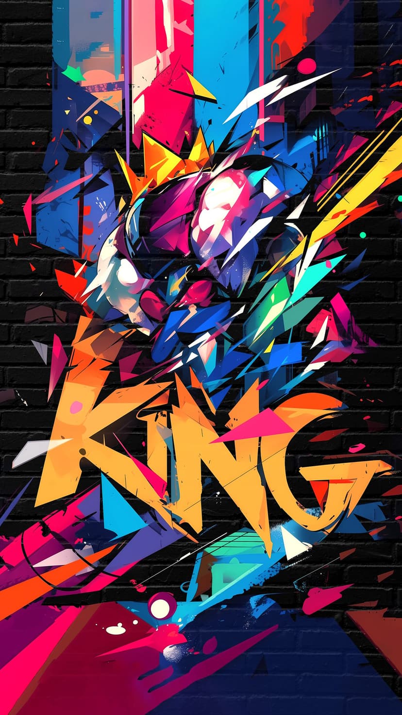 King typography spray-painted on a black brick wall with sharp geometric accents and colorful splatters.