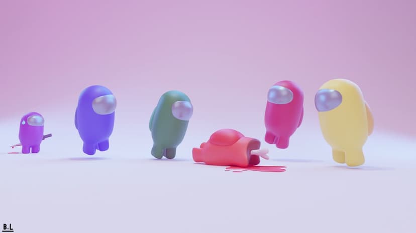 3D Among Us crewmates stand over a red body while a purple impostor sneaks away on a soft pink background.