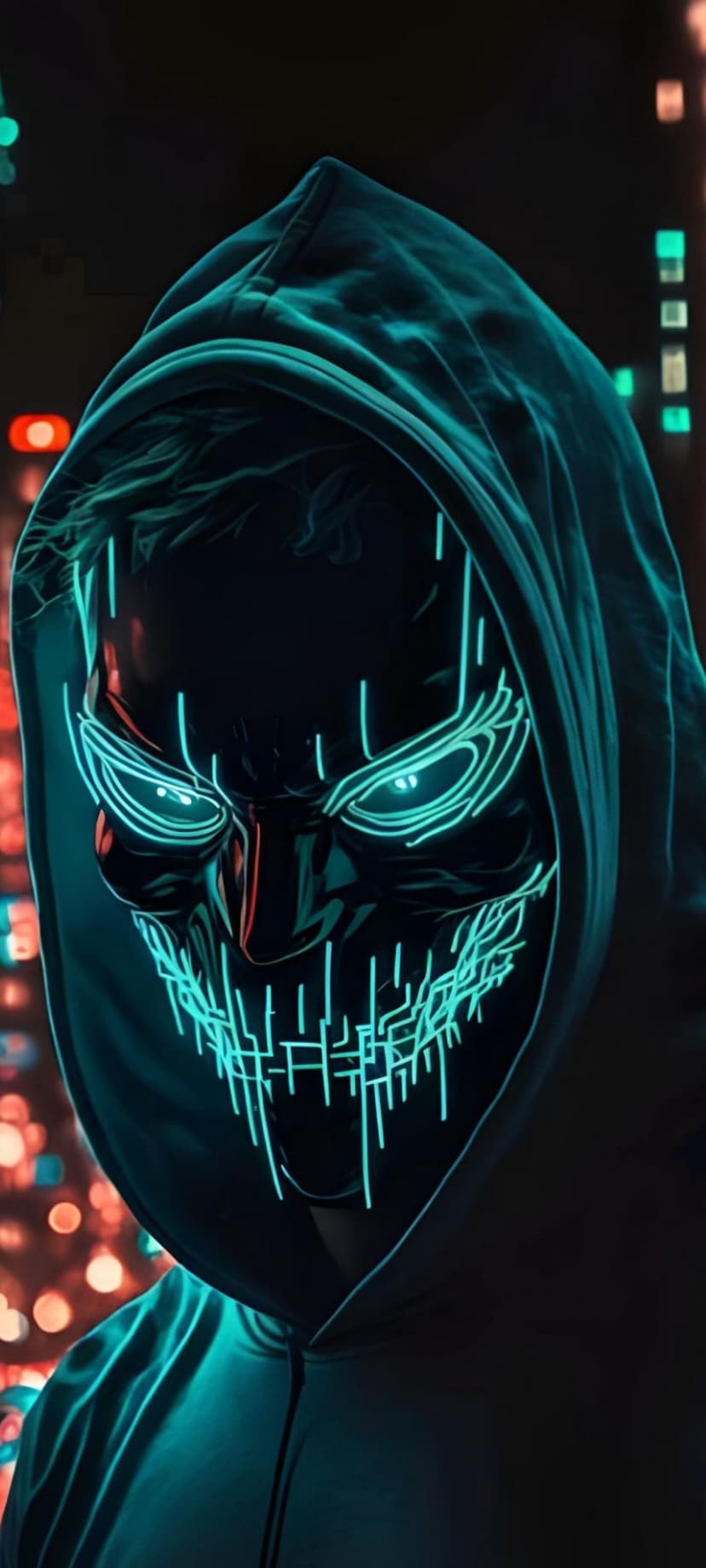 Hooded figure wearing a glowing neon mask with a grinning face against a blurry backdrop of city street lights.