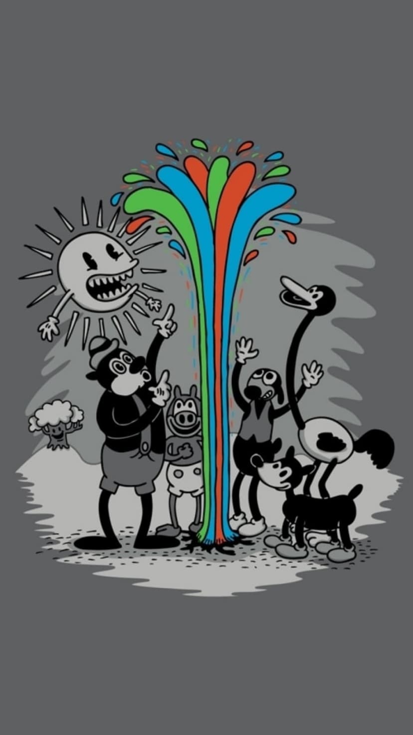 A mischievous sun, dog, pig, and bird-like creature react to a rainbow fountain erupting near a smiling tree.