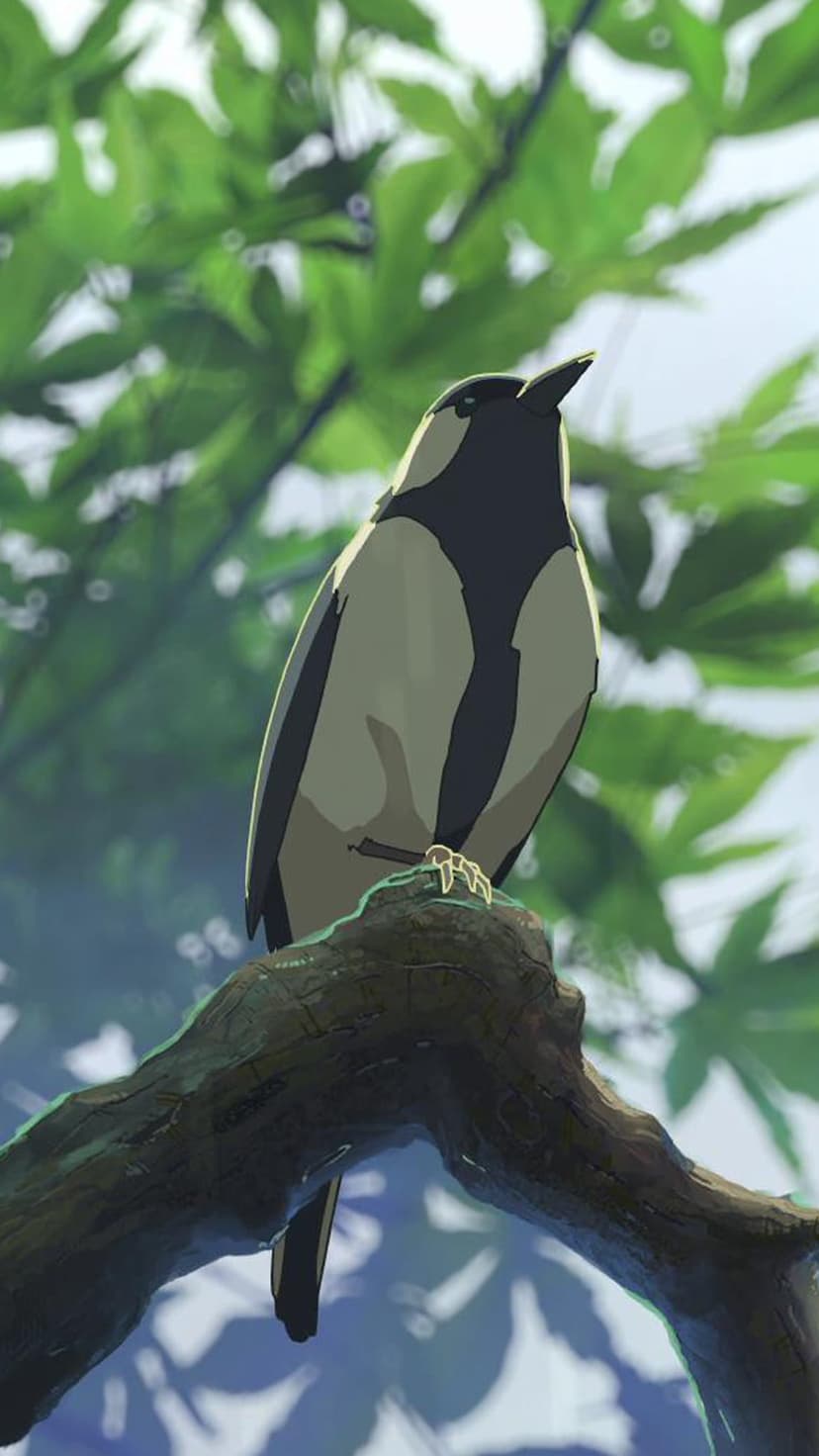 Black and white bird tilting its head upward while gripping a textured tree branch among blurred green leaves.