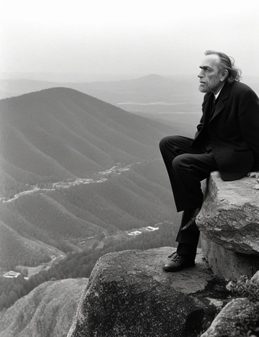 Man in a dark suit sits on a high cliff edge looking out over a misty mountain valley in black and white.