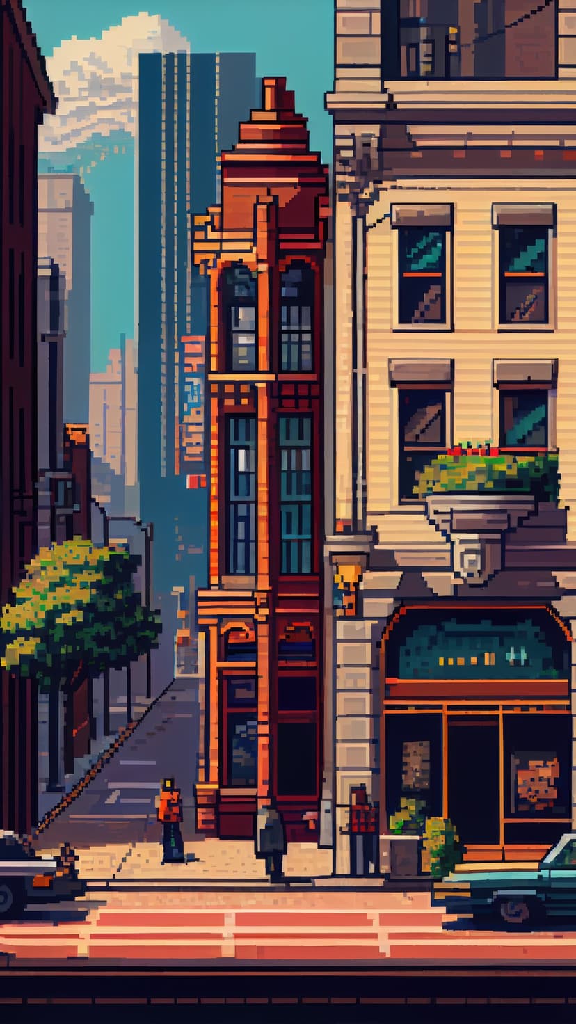 Metropolitan buildings with flower balconies loom over a pixel art street filled with pedestrians and parked cars.
