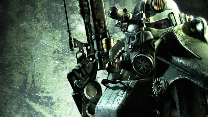 T-45 Power Armor soldier holding a laser rifle against a gritty green weathered metallic background.