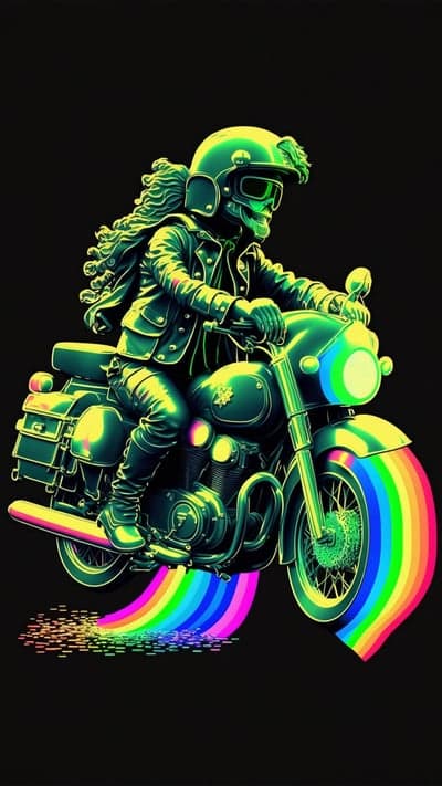Skeleton Biker Rides a Motorcycle with Rainbow Exhaust