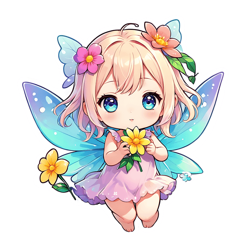 Chibi fairy sticker with pastel pink hair holds a yellow flower while displaying gradient blue and purple wings.