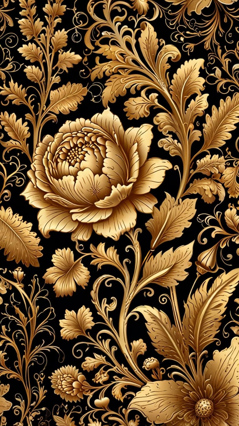 Detailed golden flowers and leaves with a metallic sheen layered over a solid matte black surface.