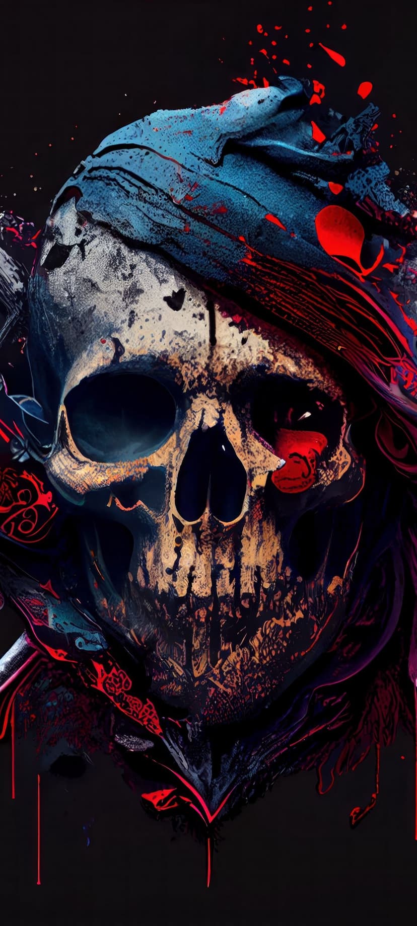 Human skull draped in blue fabric with vibrant red paint splatters against a dark, shadowy background.