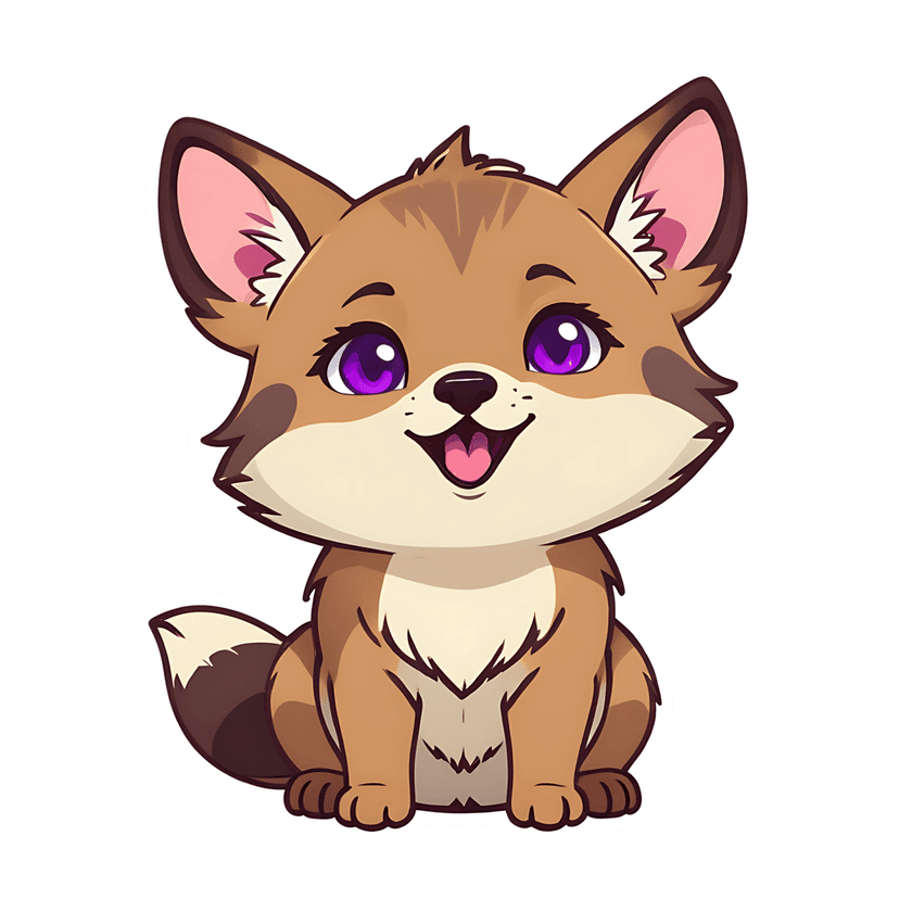Brown fox sticker illustration features a front-facing character with purple eyes and a white border outline.
