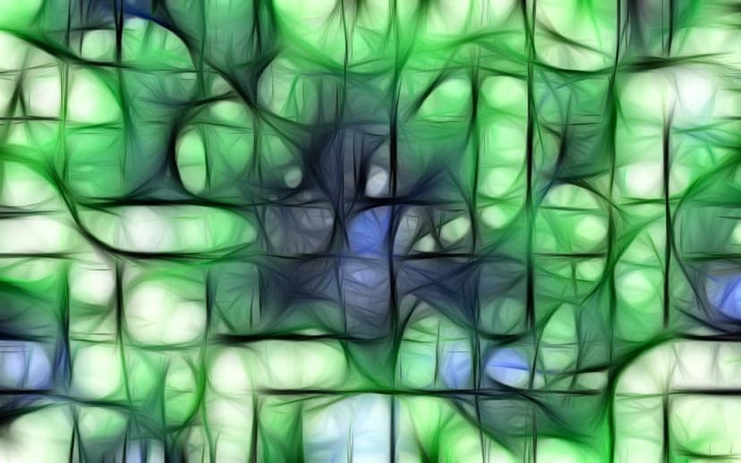 Emerald and azure fractal swirls form organic, leaf-like patterns with intricate, glowing textures and depth.