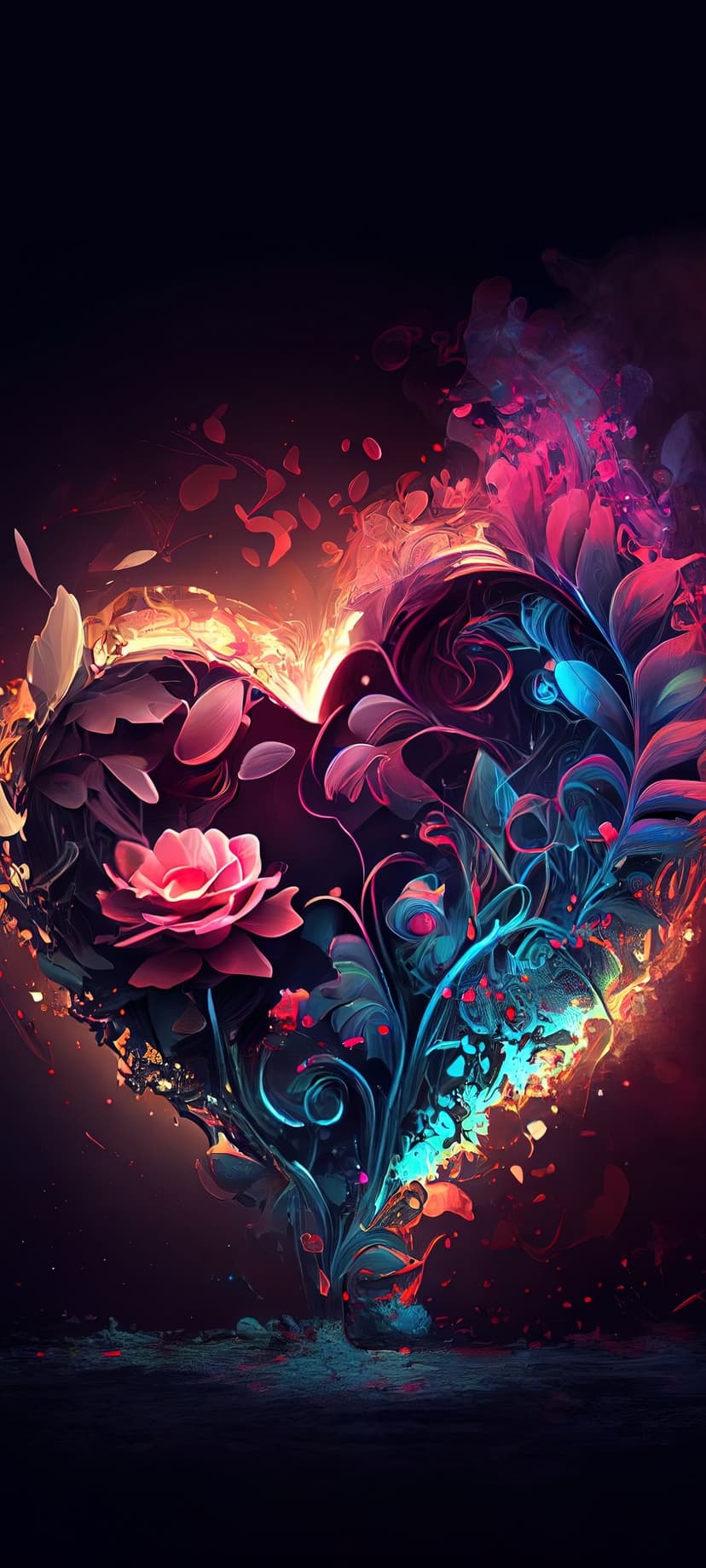 Heart-shaped arrangement of glowing pink and blue flowers with swirling light trails on a dark background.
