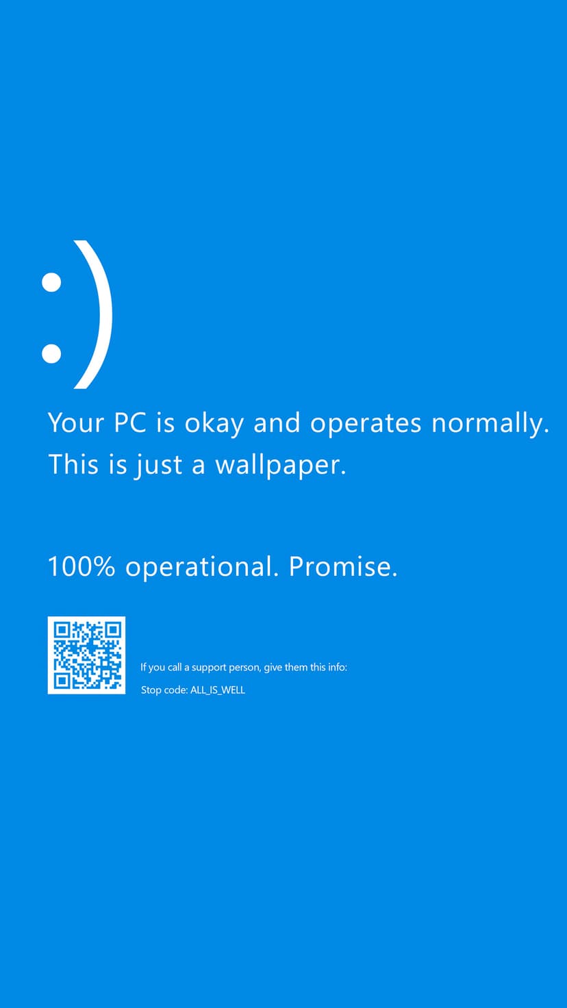 Blue system error screen with white text, a square QR code, and a joke stop code for a mobile backdrop.