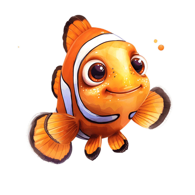 Orange clownfish watercolor illustration features large eyes and white stripes isolated on a black background.