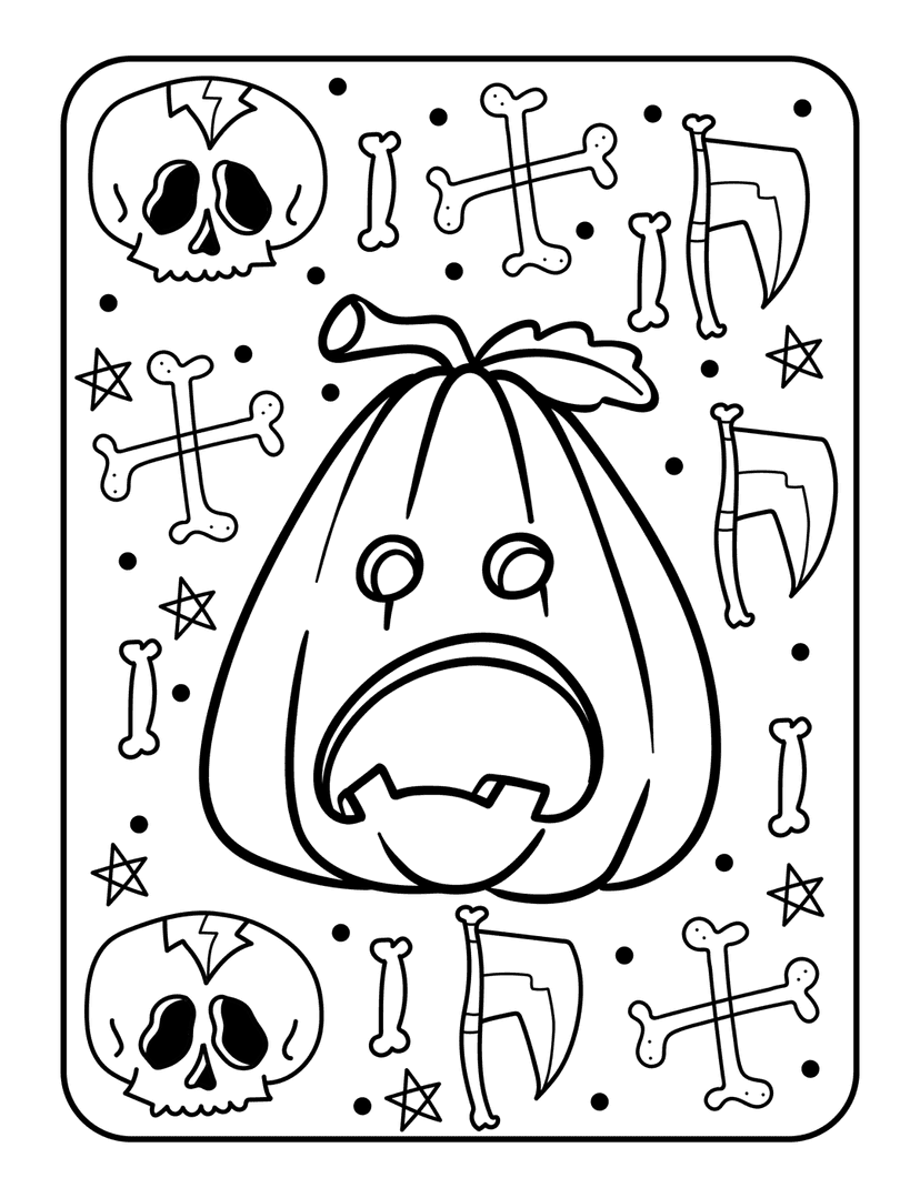Grinning Halloween pumpkin coloring page surrounded by two skulls and crossed scythes in black line art style.